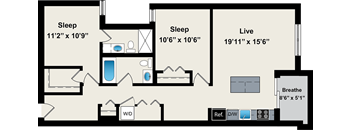 A floor plan of a house with two bedrooms, a living room, a bathroom, and a kitchen.