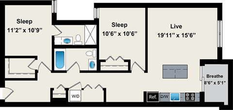 A floor plan of a house with two bedrooms, a living room, a bathroom, and a kitchen.