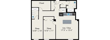 A floor plan of a house with two bedrooms, a living room, and a closet.