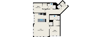A floor plan of a two-bedroom apartment with a living room, kitchen, and bathroom.