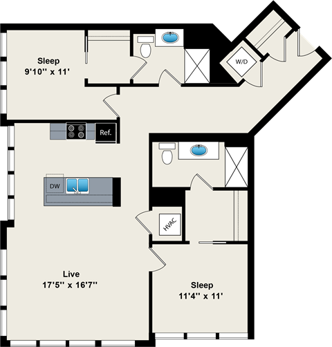 A floor plan of a two-bedroom apartment with a living room, kitchen, and bathroom.
