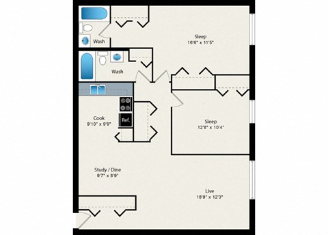 A floor plan of a small apartment with a sleeping area, a study/dining area, and a living area.