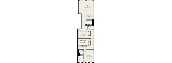 A floor plan of a house with a live area, dining area, two sleeping areas, and a bonus room.