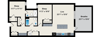 A floor plan of a house with two bedrooms, a living room, a bathroom, and a kitchen.