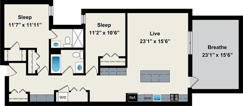A floor plan of a house with two bedrooms, a living room, a bathroom, and a kitchen.