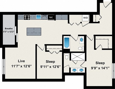 A floor plan of a house with a living room, two bedrooms, and a bathroom.