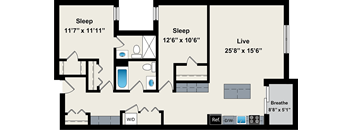 A floor plan of a house with three bedrooms, a living room, and a bathroom.