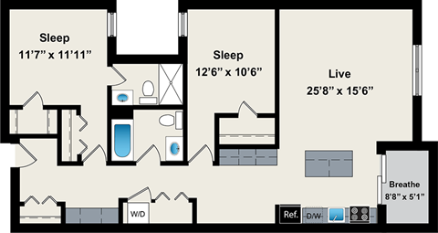 A floor plan of a house with three bedrooms, a living room, and a bathroom.