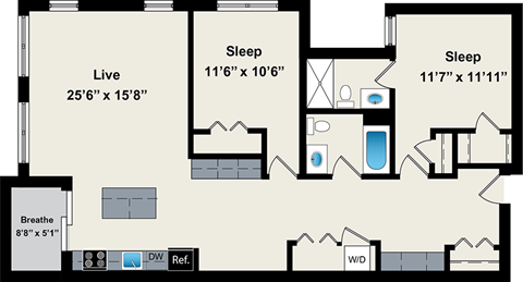 A floor plan of a house with a living room, two bedrooms, a bathroom, and a kitchen.