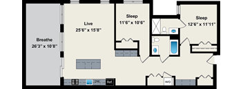 A floor plan of a house with a living room, two bedrooms, a bathroom, and a kitchen.