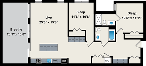 A floor plan of a house with a living room, two bedrooms, a bathroom, and a kitchen.
