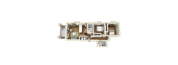 A floor plan of a house with a living room, kitchen, and two bedrooms.