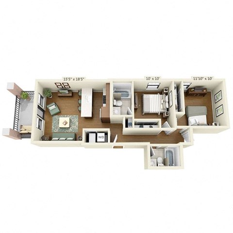 A floor plan of a house with a living room, kitchen, and two bedrooms.