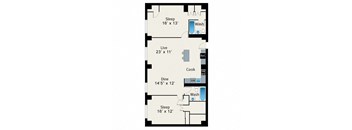 A floor plan of a small apartment with a sleeping area, a living area, a dining area, a kitchen, and two bathrooms.