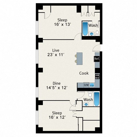 A floor plan of a small apartment with a sleeping area, a living area, a dining area, a kitchen, and two bathrooms.