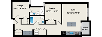 A floor plan of a house with two bedrooms, a living room, a bathroom, and a kitchen.