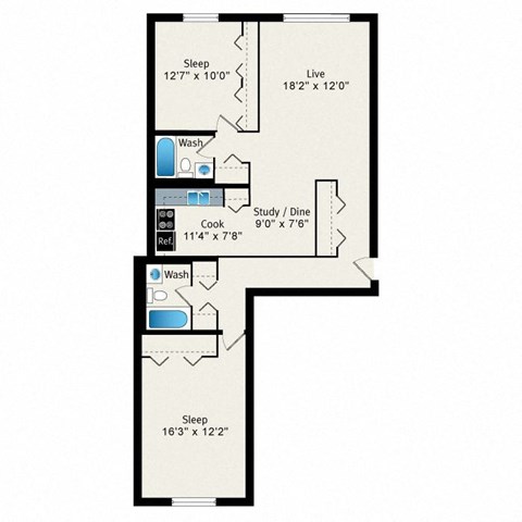 A floor plan of a small apartment with a sleeping area, a washroom, a study/dining area, and a cooking area.