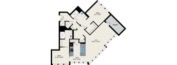 A floor plan of a house with a kitchen, living room, and two bedrooms.