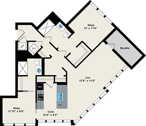 A floor plan of a house with a kitchen, living room, and two bedrooms.