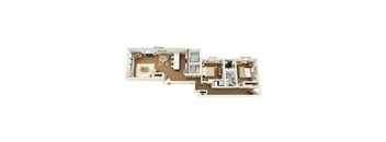 A floor plan of an apartment with a kitchen, living room, and two bedrooms.