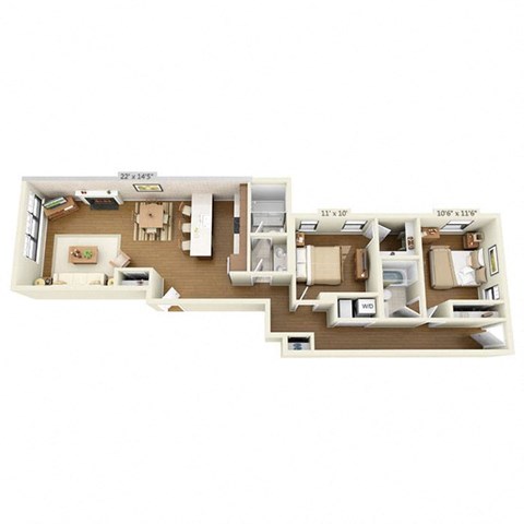 A floor plan of an apartment with a kitchen, living room, and two bedrooms.