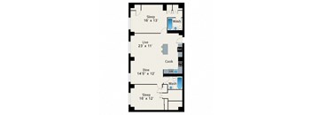 A floor plan of a two bedroom apartment with a live room, dining room, kitchen and two bathrooms.