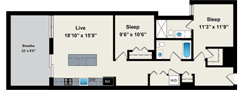 A floor plan of a house with a living room, two bedrooms, a bathroom, and a kitchen.
