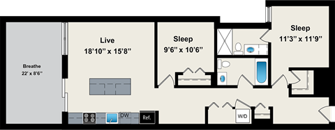 A floor plan of a house with a living room, two bedrooms, a bathroom, and a kitchen.