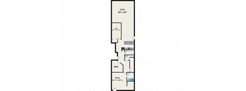 A floor plan of a one bedroom apartment with a living room, den, and sleeping area.