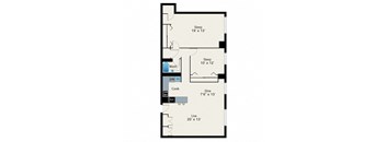 A floor plan of a room with a sleeping area, a dining area, a cooking area, a washroom, and a living area.