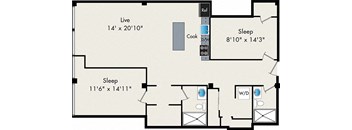 A floor plan of a house with a living room, two bedrooms, a kitchen, and a bathroom.
