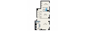 A floor plan of a small apartment with two bedrooms, a living room, a kitchen, and a dining area.