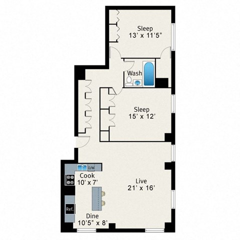 A floor plan of a small apartment with two bedrooms, a living room, a kitchen, and a dining area.