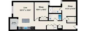 A floor plan of a house with a living room, two bedrooms, a bathroom, and a den.
