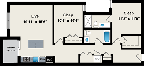 A floor plan of a house with a living room, two bedrooms, a bathroom, and a den.