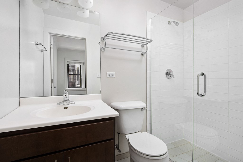 a bathroom with a shower toilet and sink and a mirror