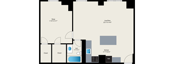 A floor plan of a house with a sleeping area, kitchen, and bathroom.