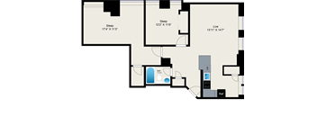 A floor plan of a house with two bedrooms, a living room, a bathroom, and a kitchen.