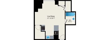 A floor plan shows a Live/Sleep area that is 17 feet by 19 feet.