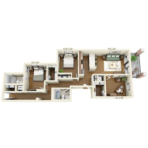 3 Bed 2 Bath floorplan at Belmont by Reside Apartments in Lakeview