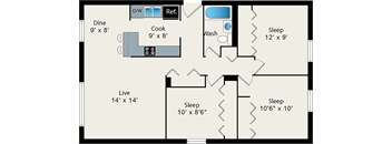 A floor plan of a house with a kitchen, dining room, and three bedrooms.
