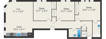 A floor plan of a small apartment with a living room, two bedrooms, a kitchen, and a bathroom.