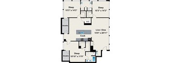 A floor plan of a house with two bedrooms, a living room, a dining room, a kitchen, and two bathrooms.