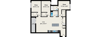 A floor plan of a house with three bedrooms, a living room, and a bathroom.