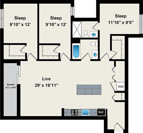 A floor plan of a house with three bedrooms, a living room, and a bathroom.