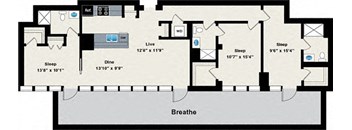 A floor plan of a house with a living room, dining room, kitchen, and three bedrooms.