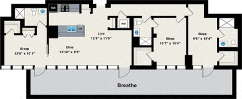 A floor plan of a house with a living room, dining room, kitchen, and three bedrooms.