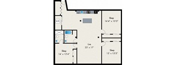 A floor plan of a house with three bedrooms and a living area.