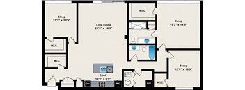 A floor plan of a house with three bedrooms, a living room, a dining room, a kitchen, a bathroom, and a laundry room.