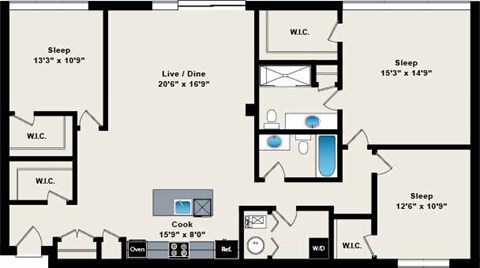 A floor plan of a house with three bedrooms, a living room, a dining room, a kitchen, a bathroom, and a laundry room.